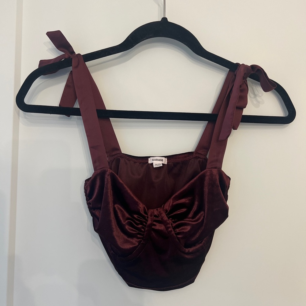 Burgundy Velvet Crop Top with Bow Straps